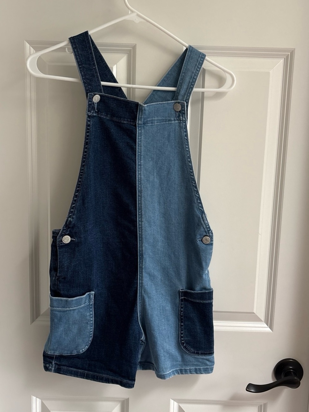 Two-Tone Denim Overall Shorts - Blue